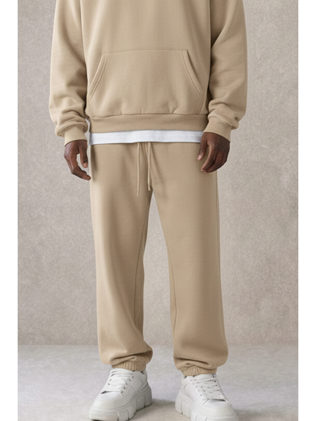 Bej Erkek Pamuklu Içi Polarlı Kapüşonlu Basic Relaxed Vizon Eşofman Takımı-1