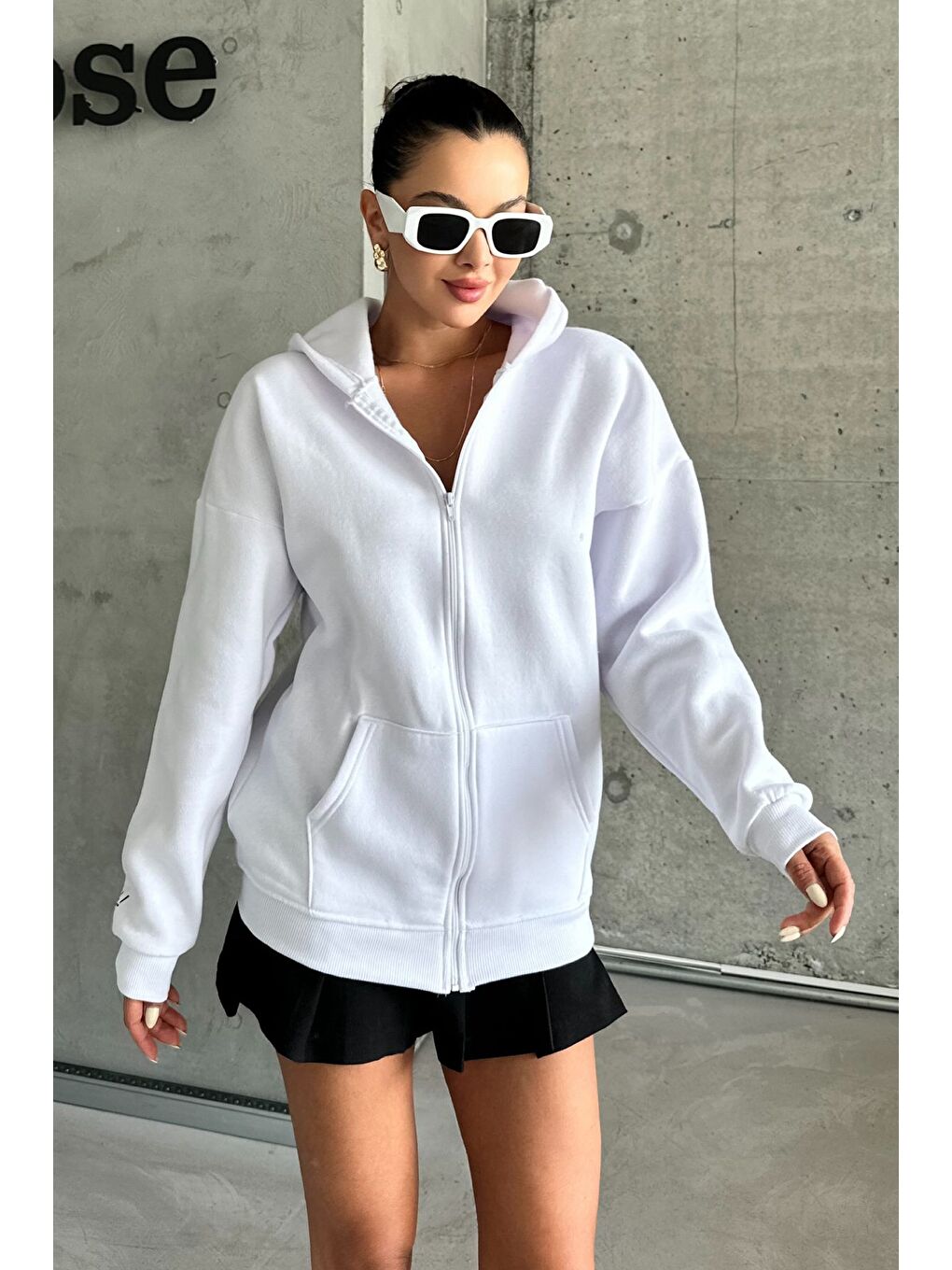 Kadın Beyaz Hola Baskılı Oversize Fermuarlı Hırka-6