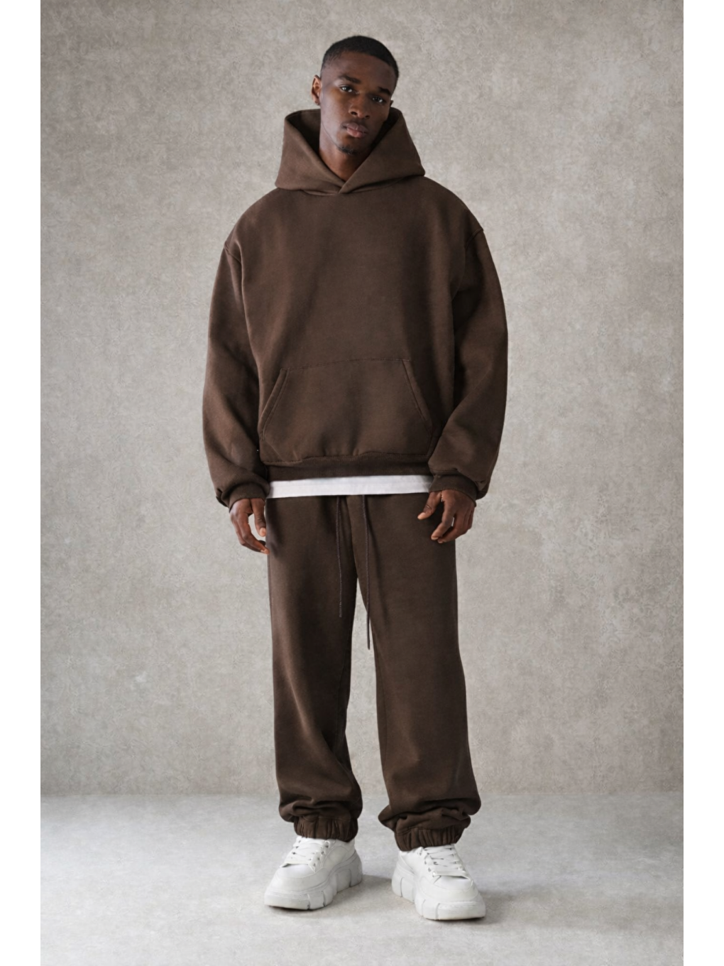 Erkek Pamuklu Içi Polarlı Kapüşonlu Basic Relaxed Kahverengi Eşofman Takımı