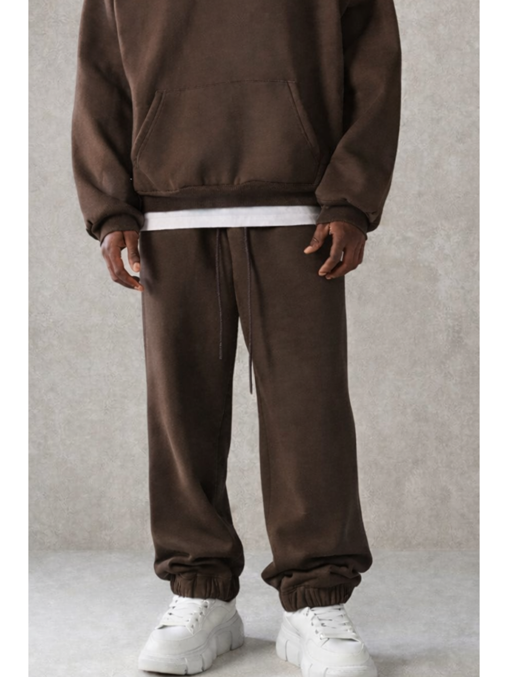 Erkek Pamuklu Içi Polarlı Kapüşonlu Basic Relaxed Kahverengi Eşofman Takımı-1