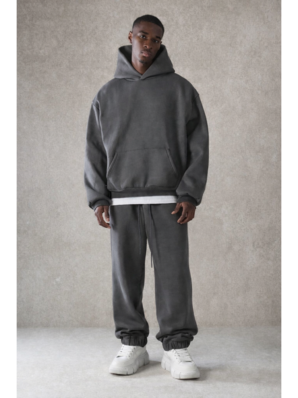 Gri Erkek Pamuklu Içi Polarlı Kapüşonlu Basic Relaxed Füme Eşofman Takımı