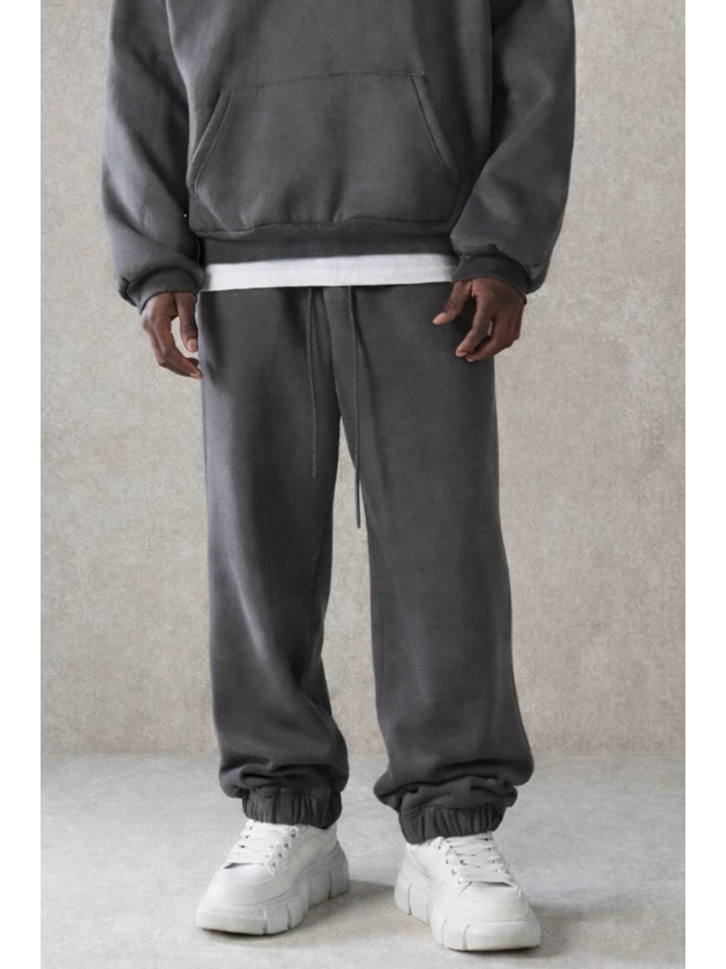 Gri Erkek Pamuklu Içi Polarlı Kapüşonlu Basic Relaxed Füme Eşofman Takımı-1