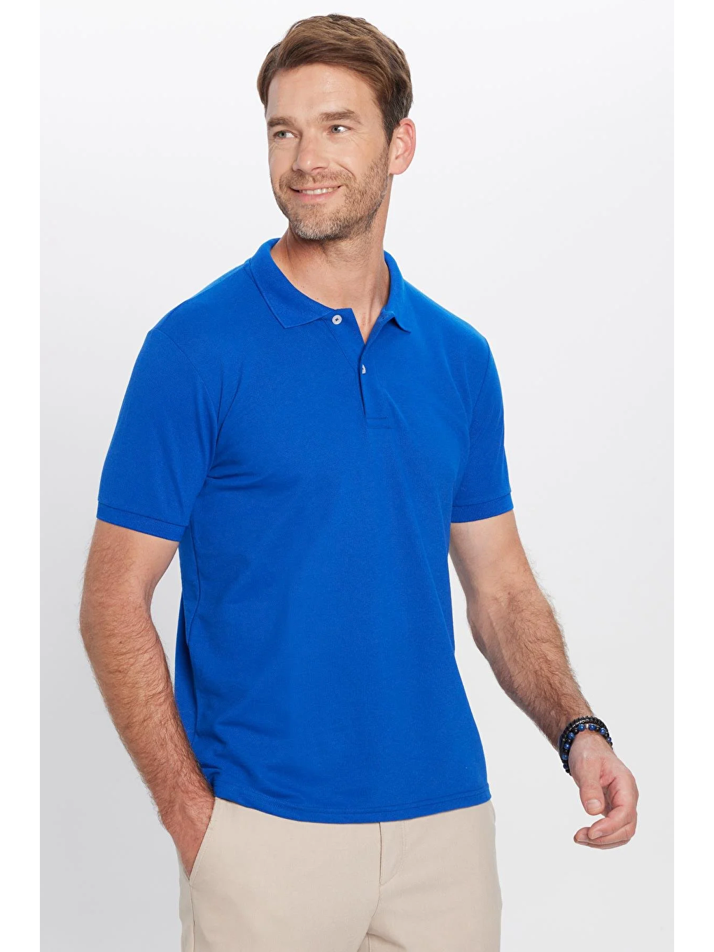 Karışık Erkek 5'li Paket Kırmızı-Saks Mavi-Zümrüt Yeşili-Mavi-Bej Slim Fit Pamuklu Düz Pike Polo Yaka Tişört-2