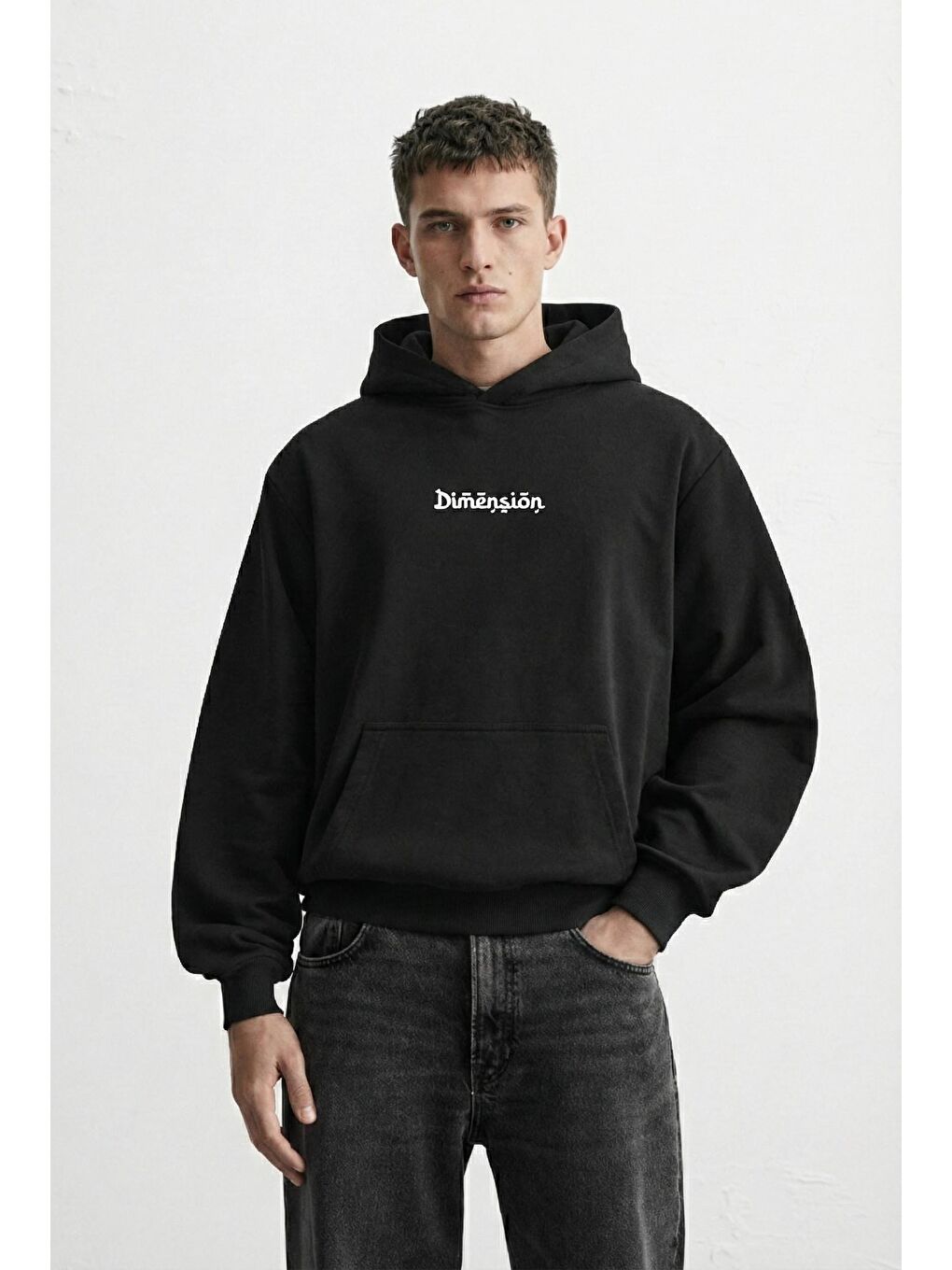 Erkek Oversize Dimension Baskılı Premium Kapüşonlu Sweatshirt Siyah Kırmızı-2
