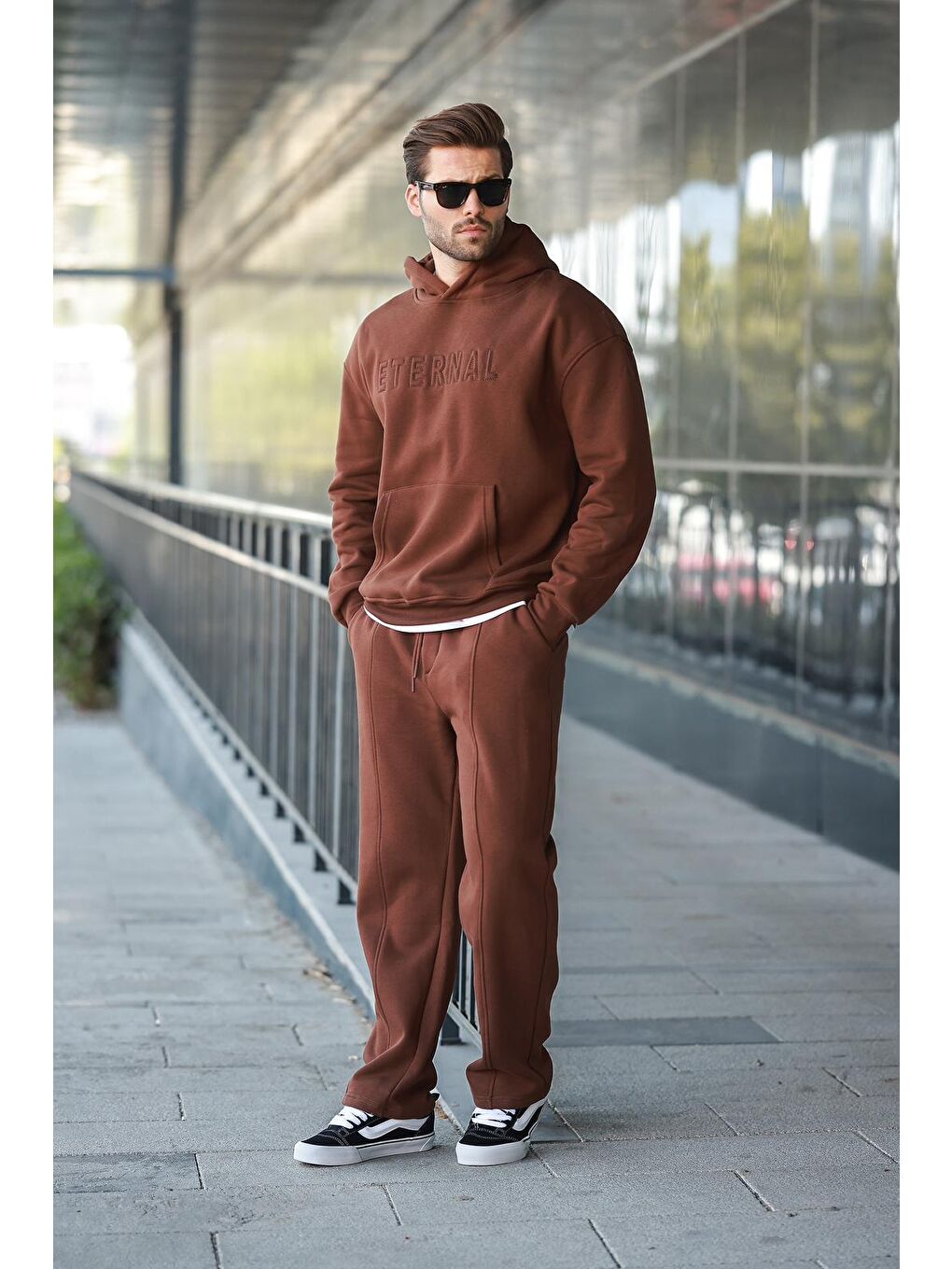 Kahverengi Acı Kahve Kapüşonlu Erkek Eşofman Takımı E7324