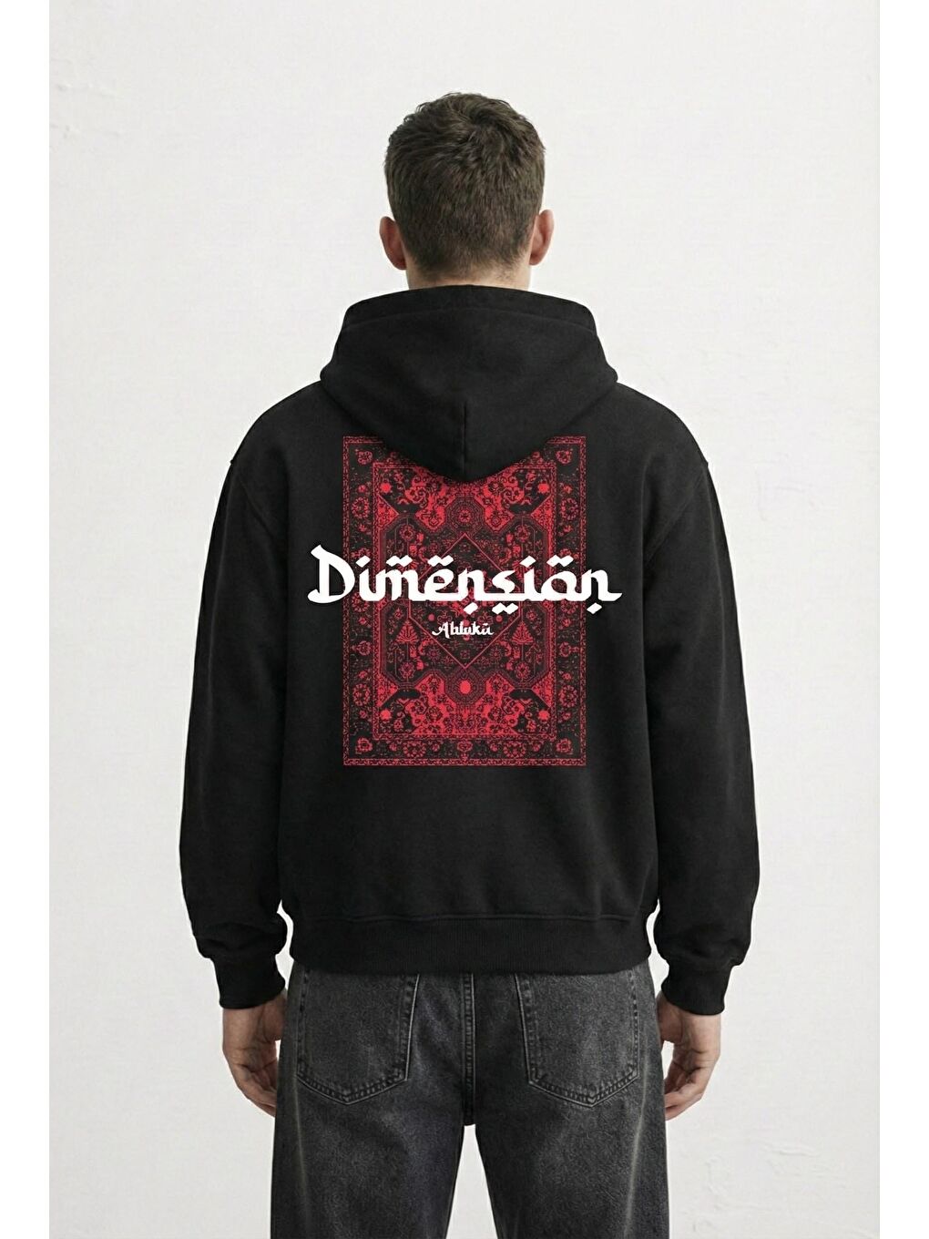 Erkek Oversize Dimension Baskılı Premium Kapüşonlu Sweatshirt Siyah Kırmızı-3