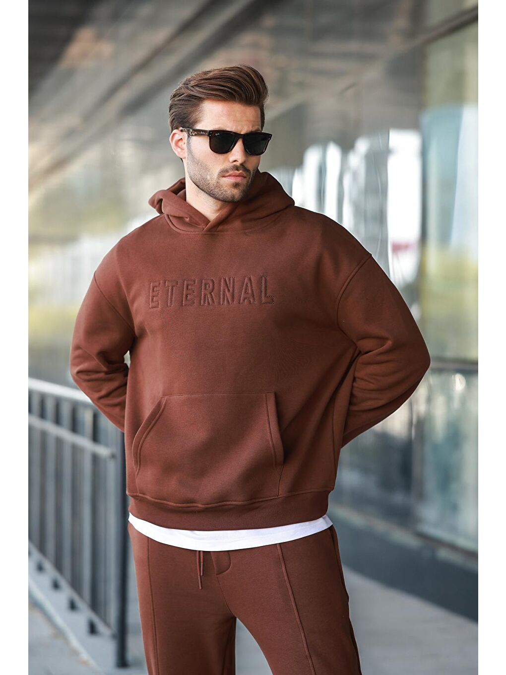 Kahverengi Acı Kahve Kapüşonlu Erkek Eşofman Takımı E7324-1