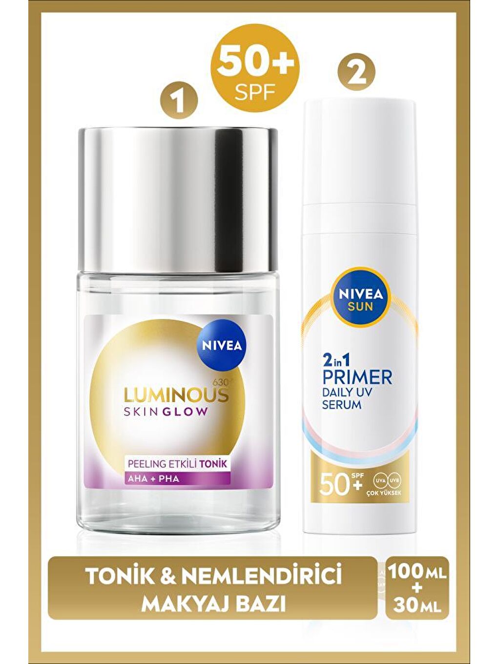 SUN SPF50 Primer Nemlendirici Makyaj Bazı 30ml ve Luminous630 Skin Glow Peeling Etkili Tonik 100ml