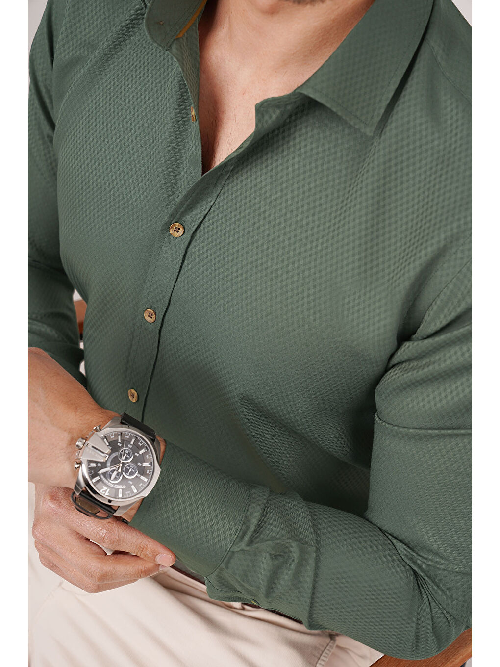 Kaktüs Yeşili Baklava Desen Slimfit Erkek Gömlek