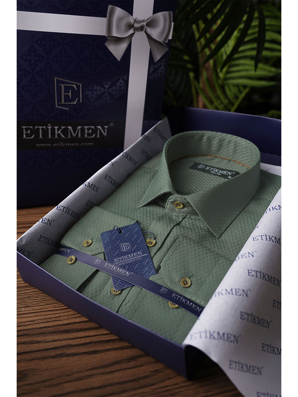 Kaktüs Yeşili Baklava Desen Slimfit Erkek Gömlek-3