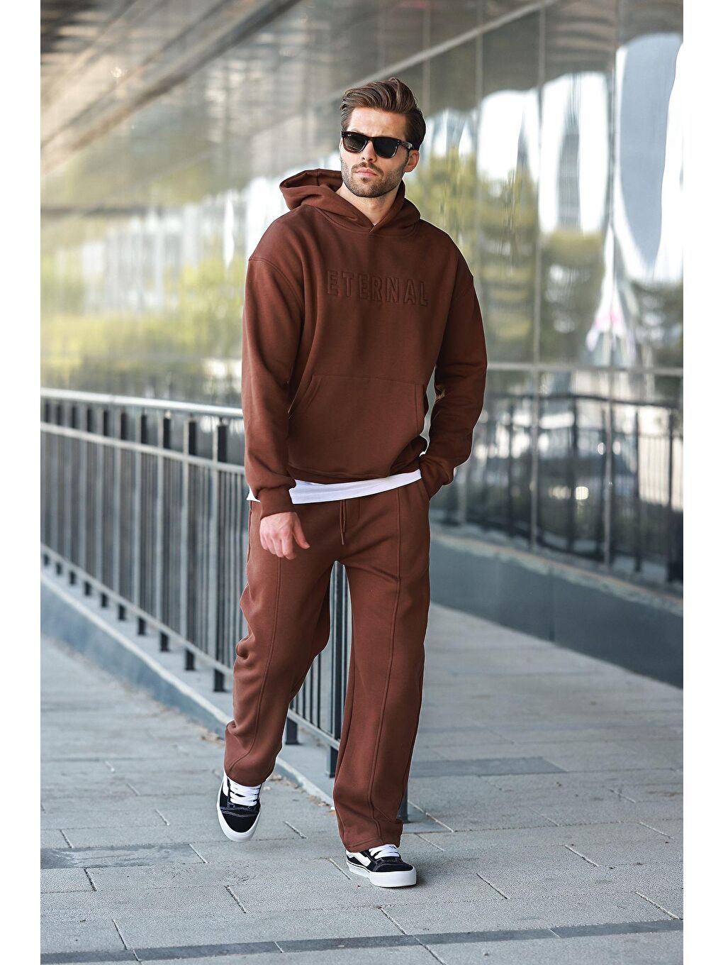 Kahverengi Acı Kahve Kapüşonlu Erkek Eşofman Takımı E7324-2