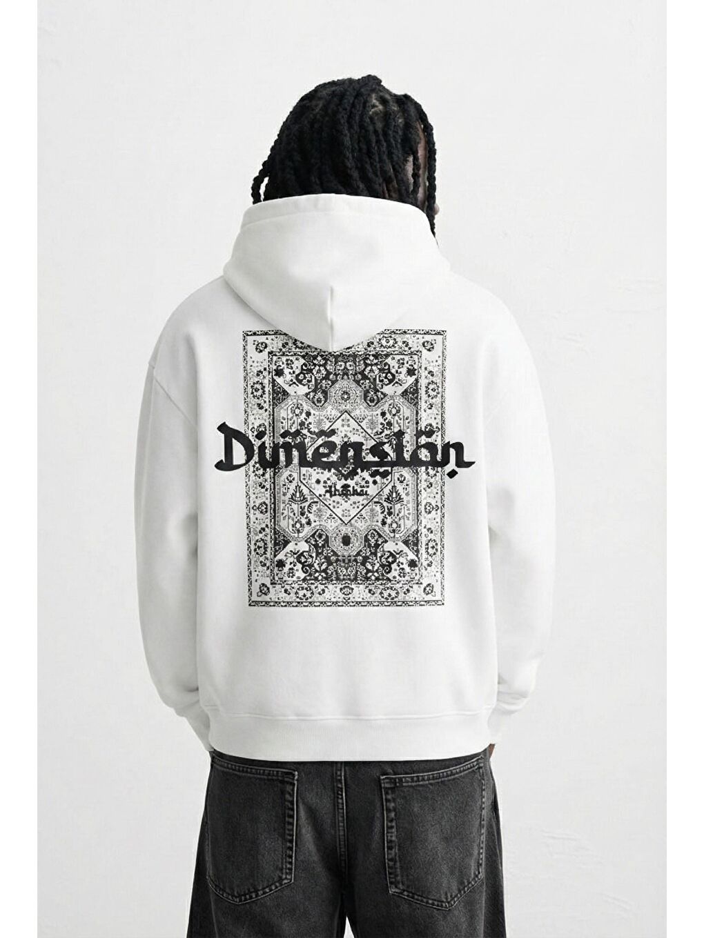 Erkek Oversize Dimension Baskılı Premium Kapüşonlu Sweatshirt Ekru Siyah-2