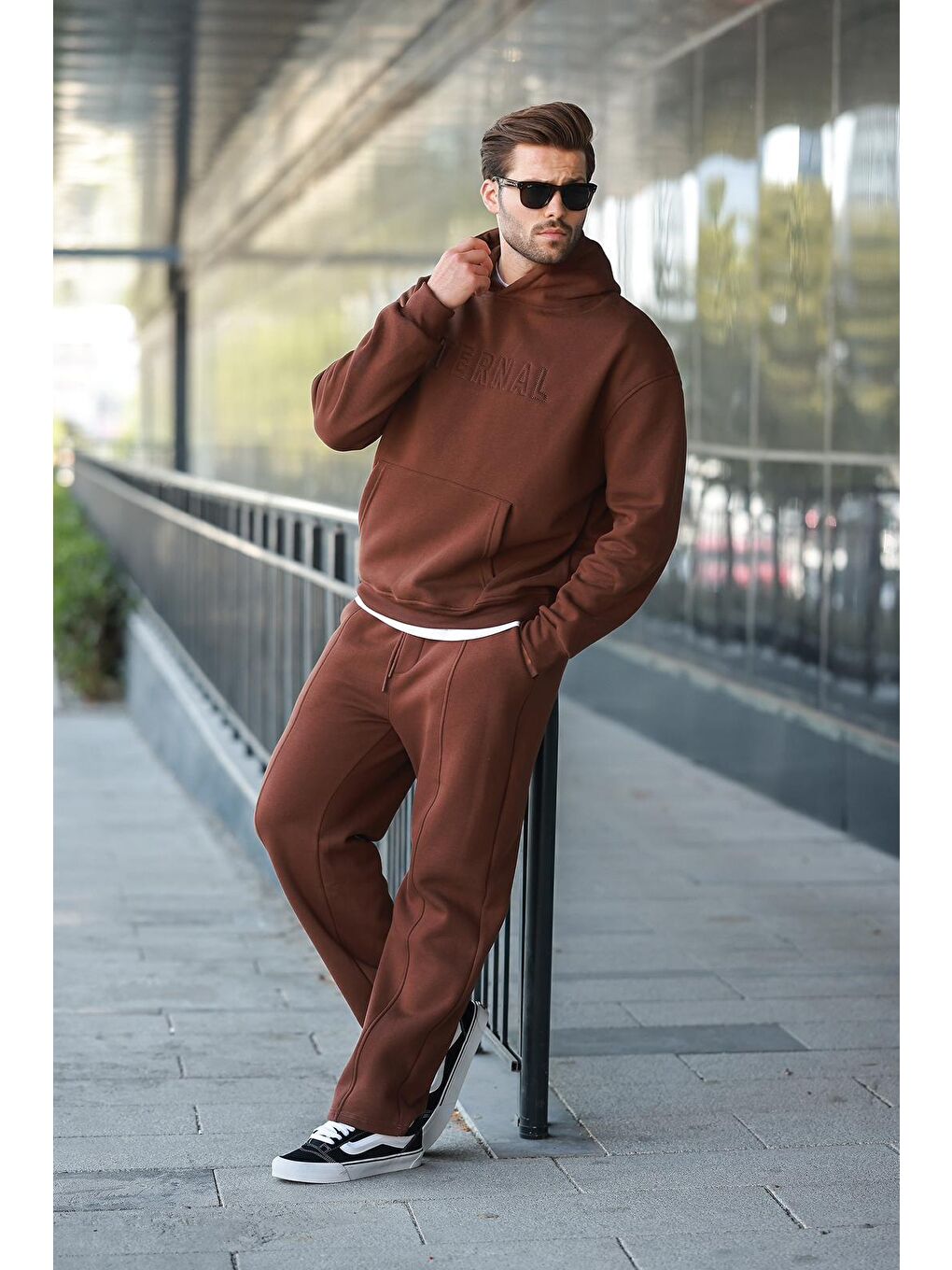 Kahverengi Acı Kahve Kapüşonlu Erkek Eşofman Takımı E7324-3