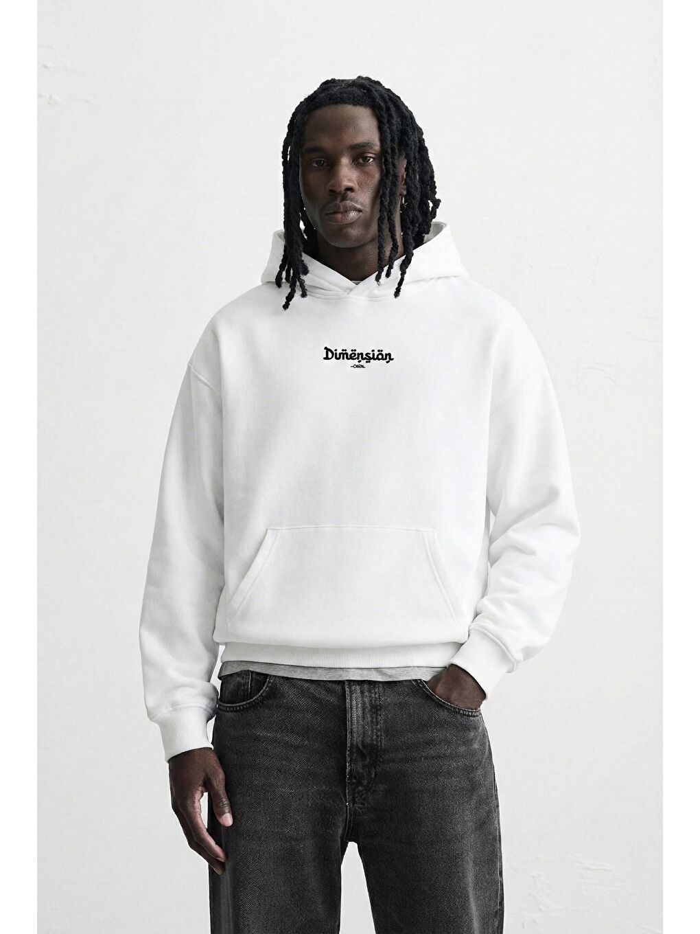 Erkek Oversize Dimension Baskılı Premium Kapüşonlu Sweatshirt Ekru Siyah-3