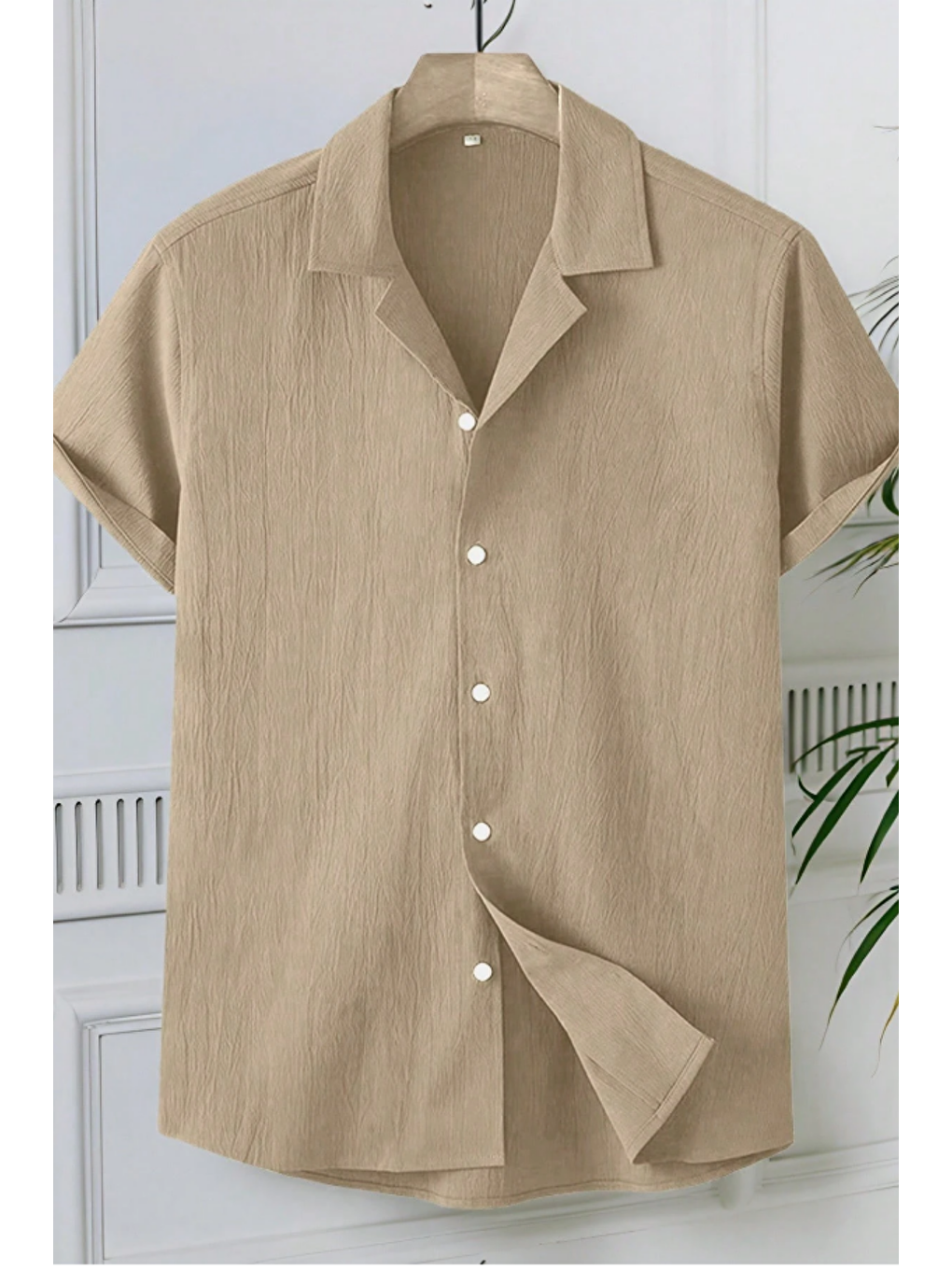 Bej Yarım Regular Apaş Yaka Kısa Kol Müslin Kumaş Erkek Gömlek