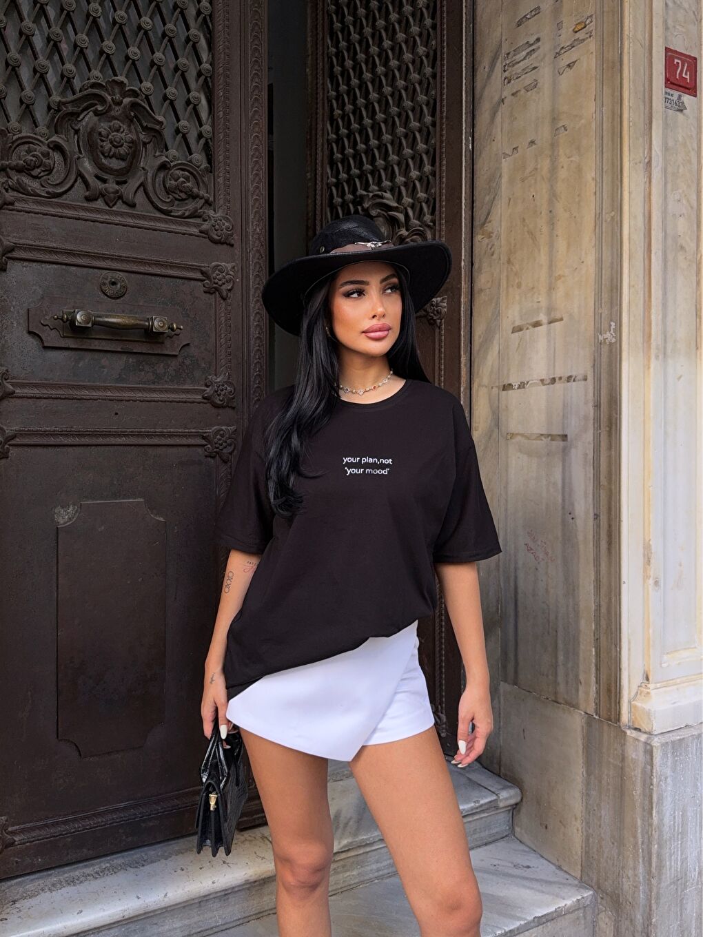 Your Plan Baskılı Oversize Siyah T-Shirt-3