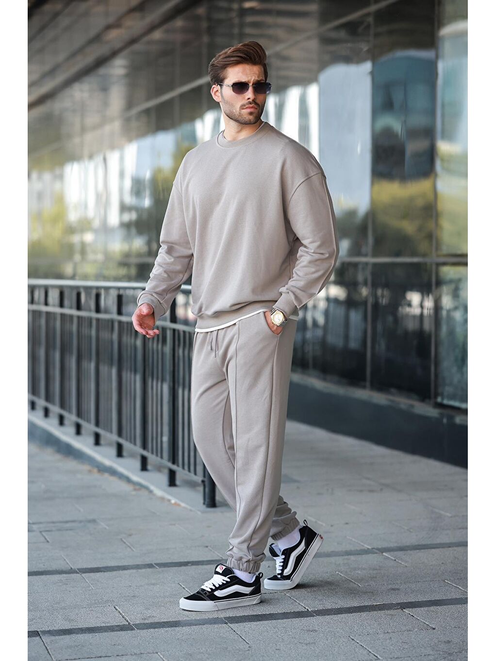 Boyalı Gri Bisiklet Yaka Basic Erkek Eşofman Takımı E7323