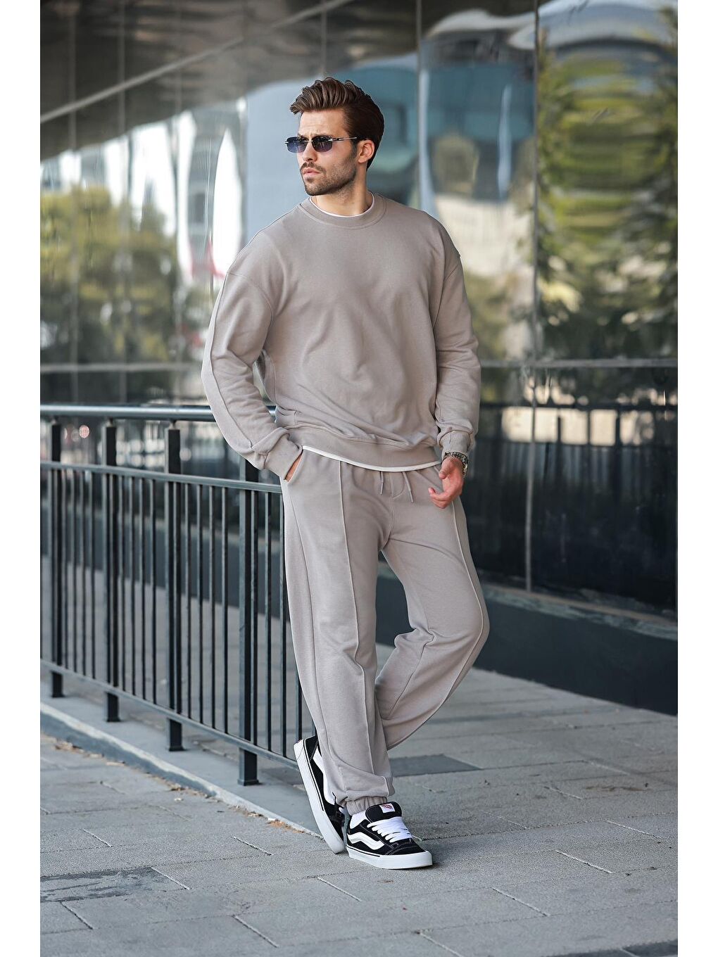 Boyalı Gri Bisiklet Yaka Basic Erkek Eşofman Takımı E7323-1