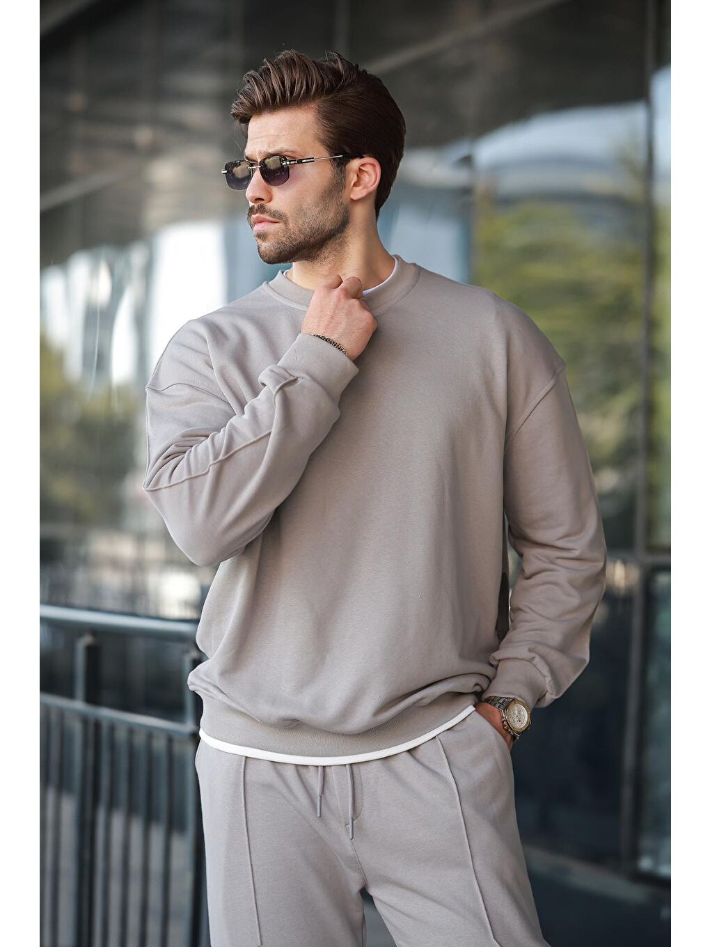 Boyalı Gri Bisiklet Yaka Basic Erkek Eşofman Takımı E7323-3