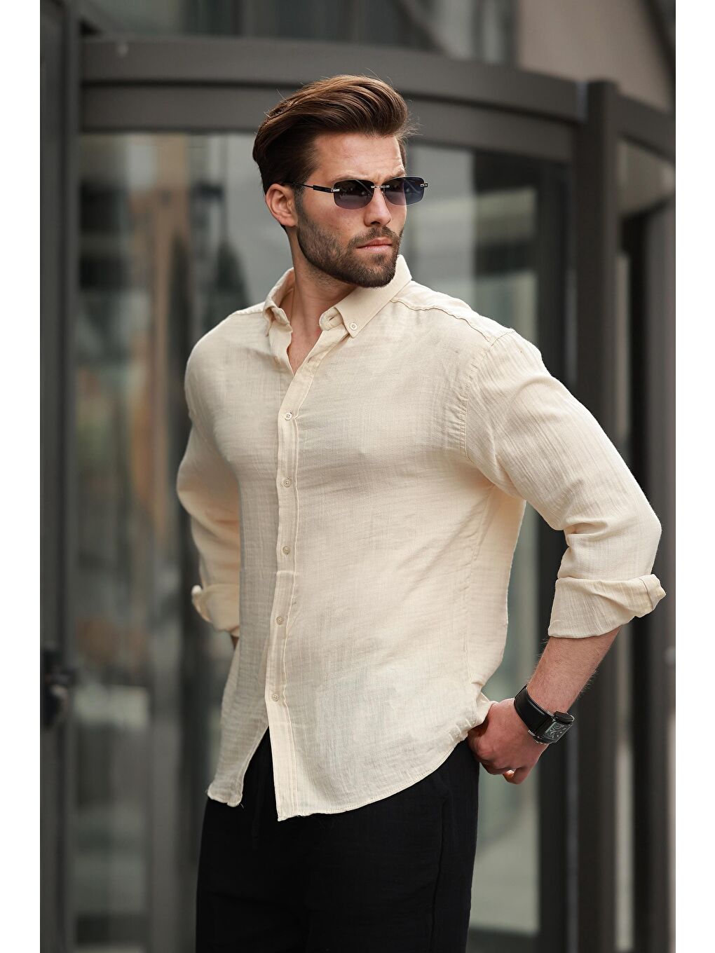 Bej Basic %100 Pamuklu Uzun Kollu Erkek Gömlek E6761