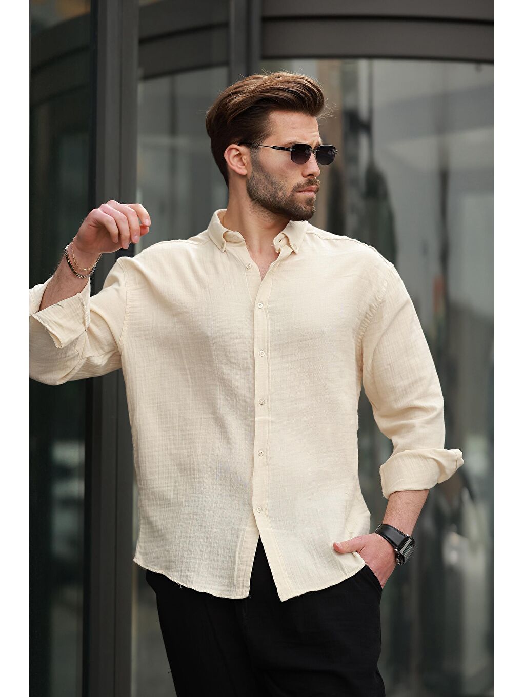 Bej Basic %100 Pamuklu Uzun Kollu Erkek Gömlek E6761-1