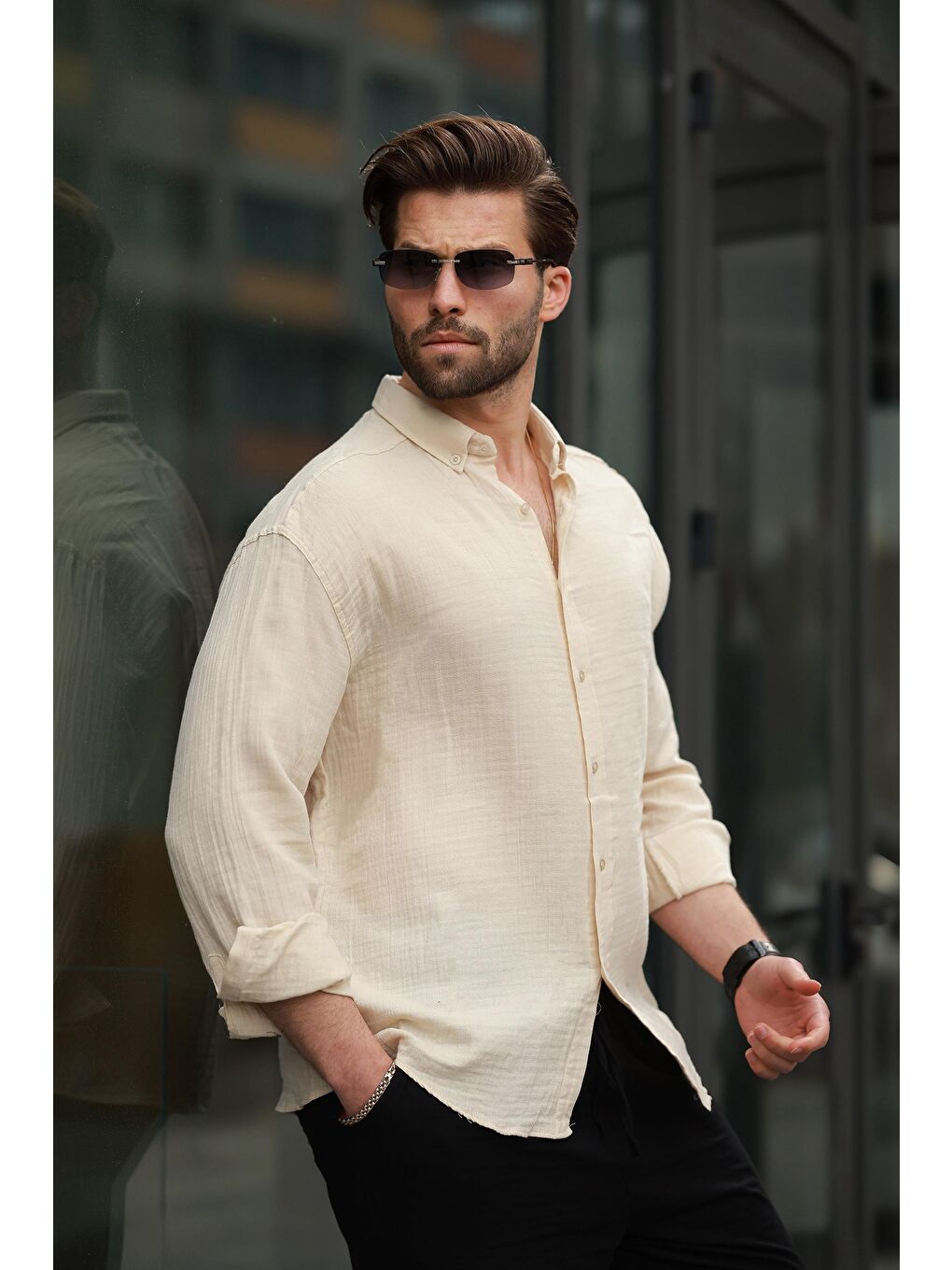 Bej Basic %100 Pamuklu Uzun Kollu Erkek Gömlek E6761-2