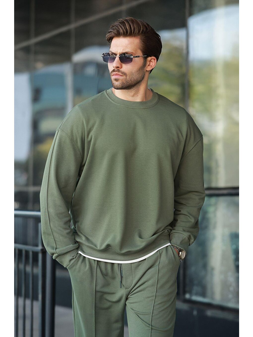 Haki Bisiklet Yaka Basic Erkek Eşofman Takımı E7323-1