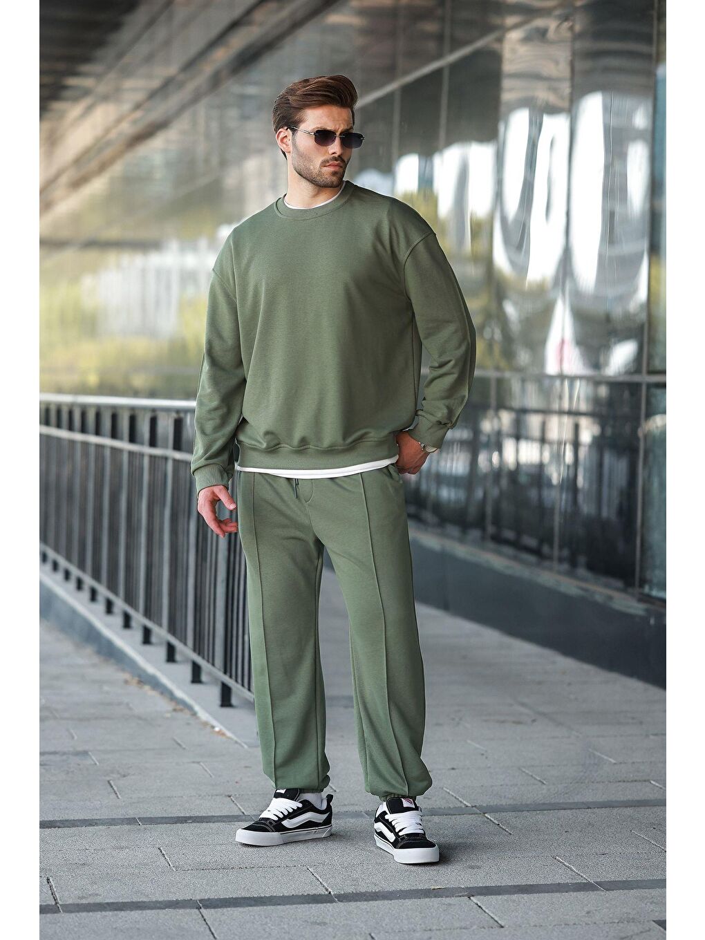 Haki Bisiklet Yaka Basic Erkek Eşofman Takımı E7323-2