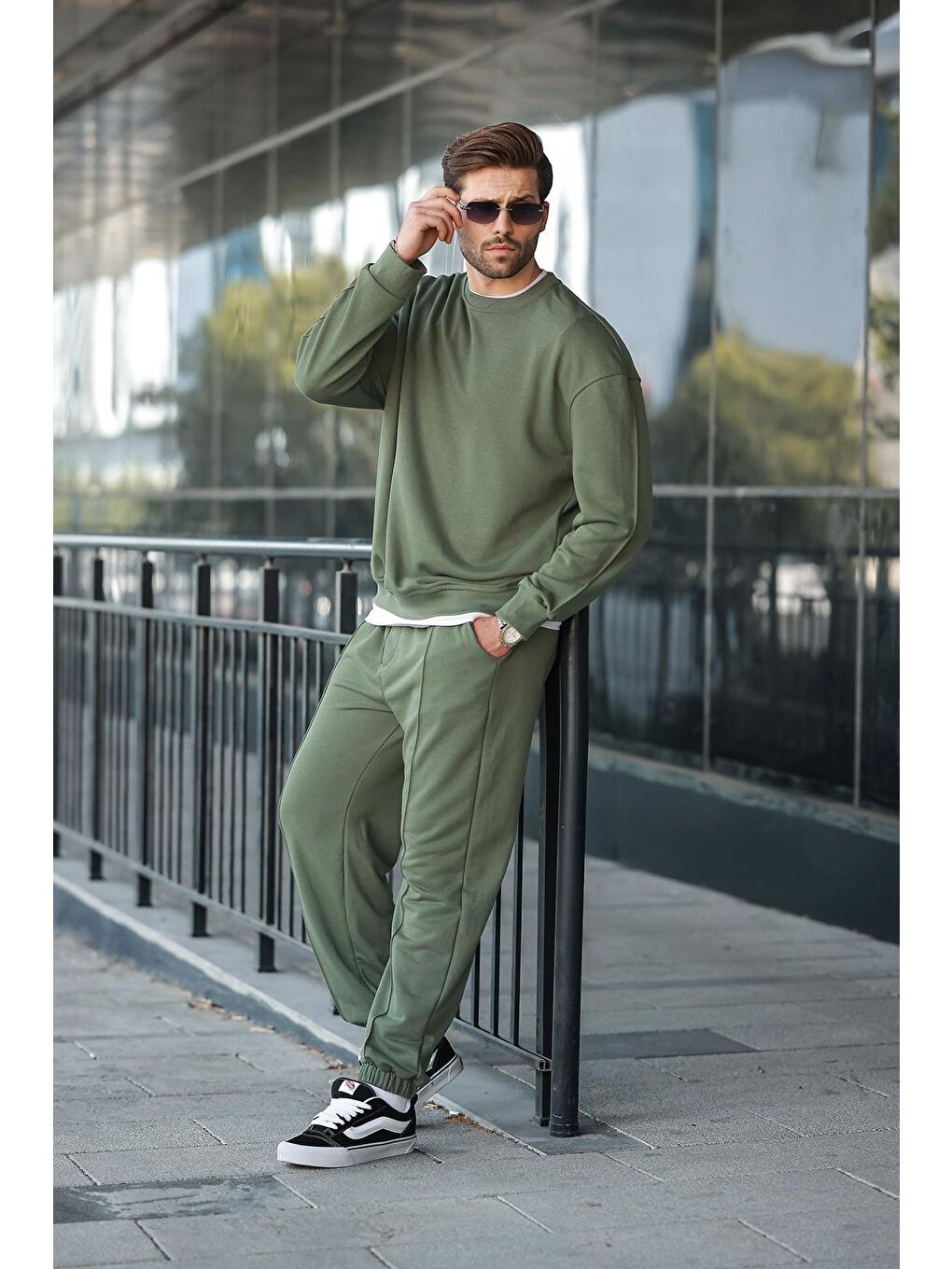 Haki Bisiklet Yaka Basic Erkek Eşofman Takımı E7323-3