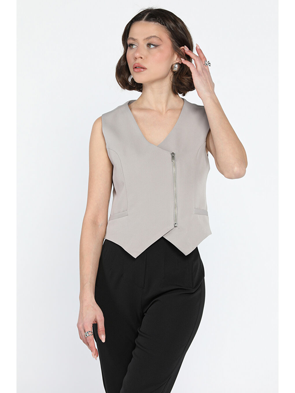 Gri Kadın Fermuarlı Yelek