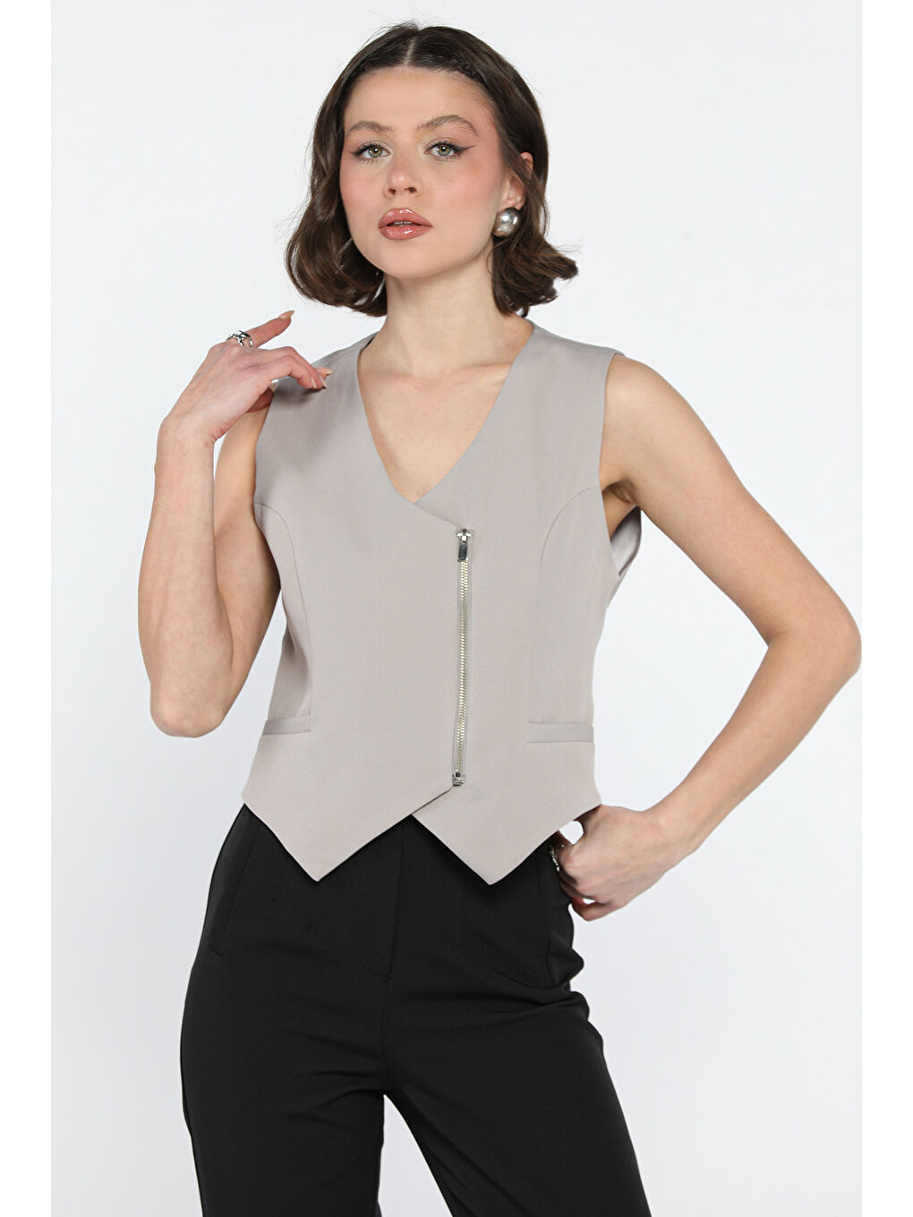 Gri Kadın Fermuarlı Yelek-1