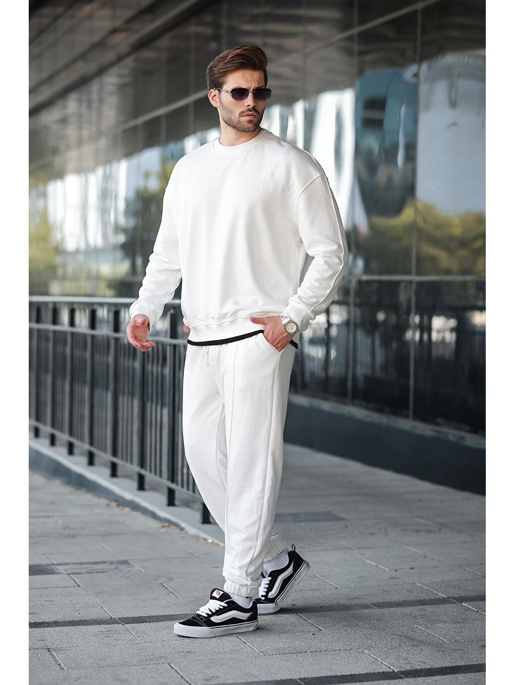 Ekru Bisiklet Yaka Basic Erkek Eşofman Takımı E7323-2