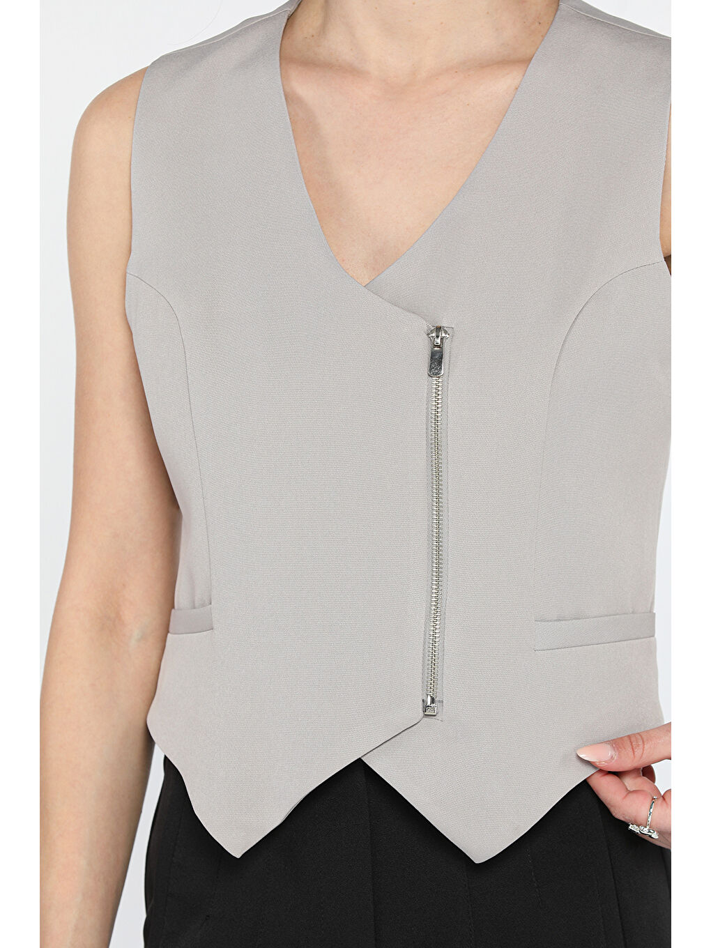 Gri Kadın Fermuarlı Yelek-2