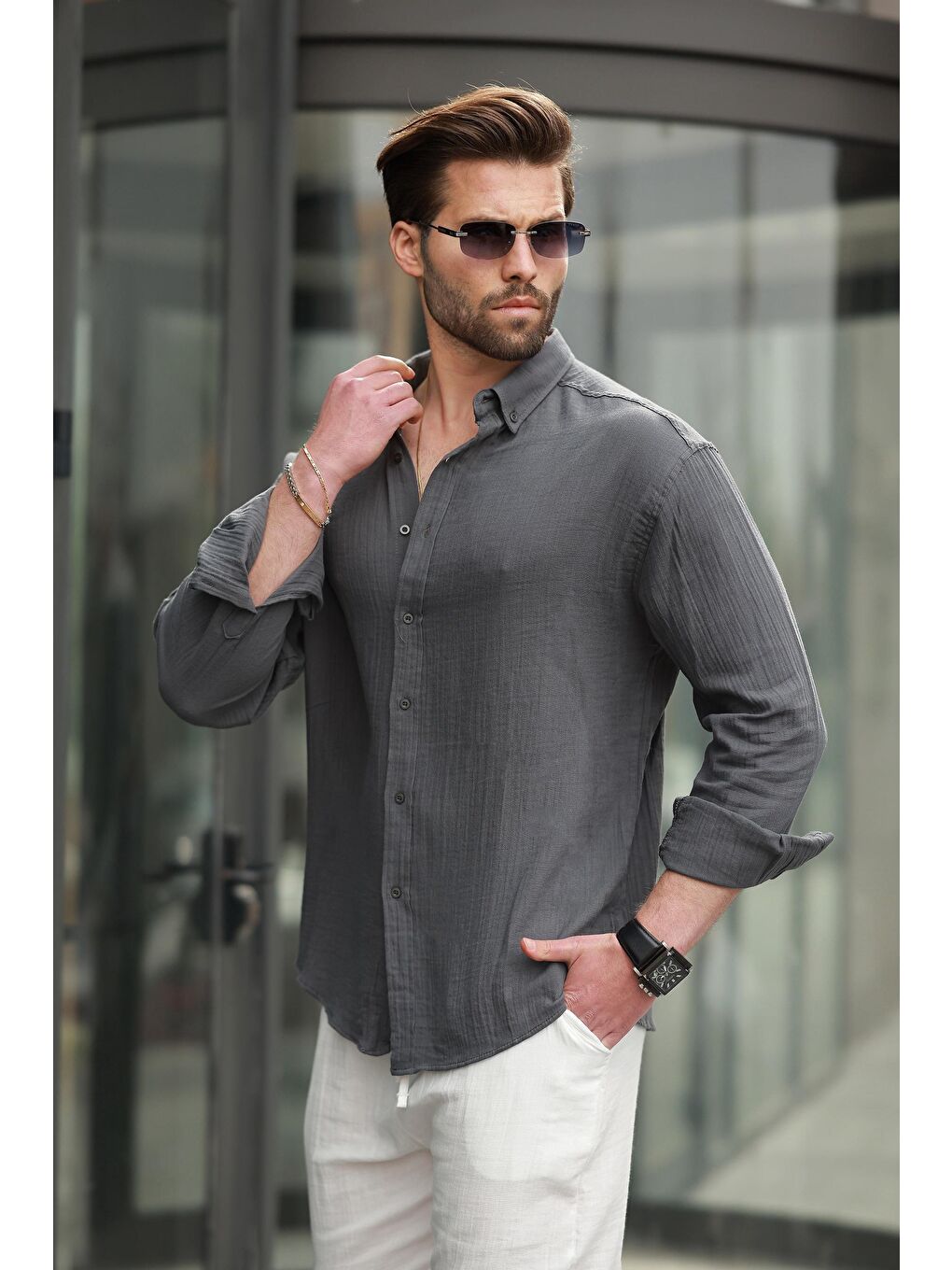 Antrasit Basic %100 Pamuklu Uzun Kollu Erkek Gömlek E6761