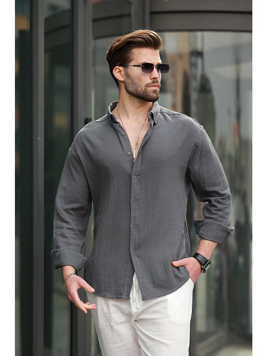 Antrasit Basic %100 Pamuklu Uzun Kollu Erkek Gömlek E6761-1