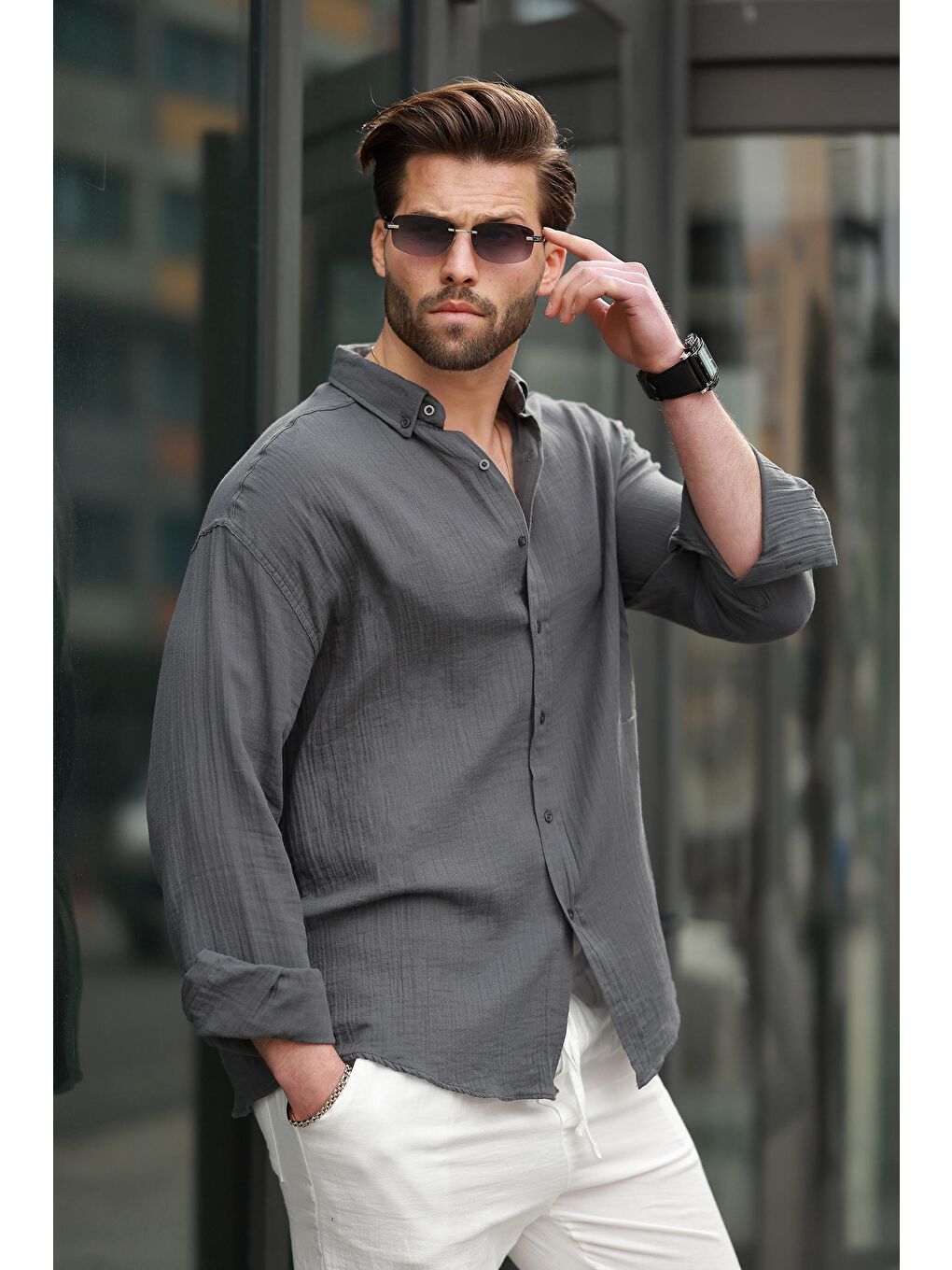 Antrasit Basic %100 Pamuklu Uzun Kollu Erkek Gömlek E6761-2