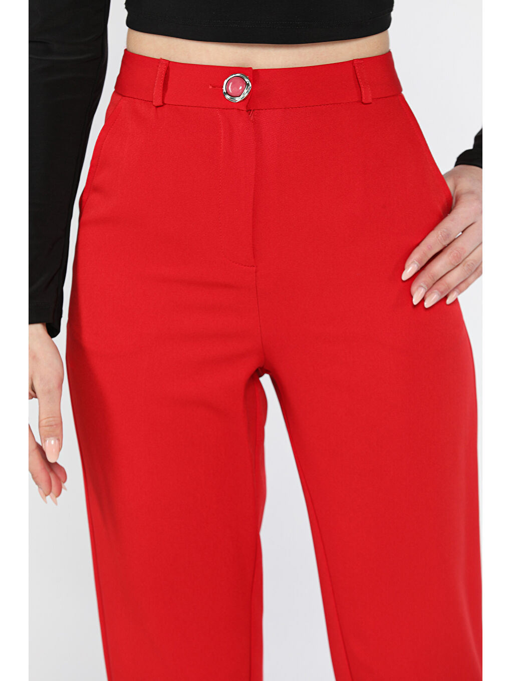 Kırmızı Kadın Kumaş Pantolon-3