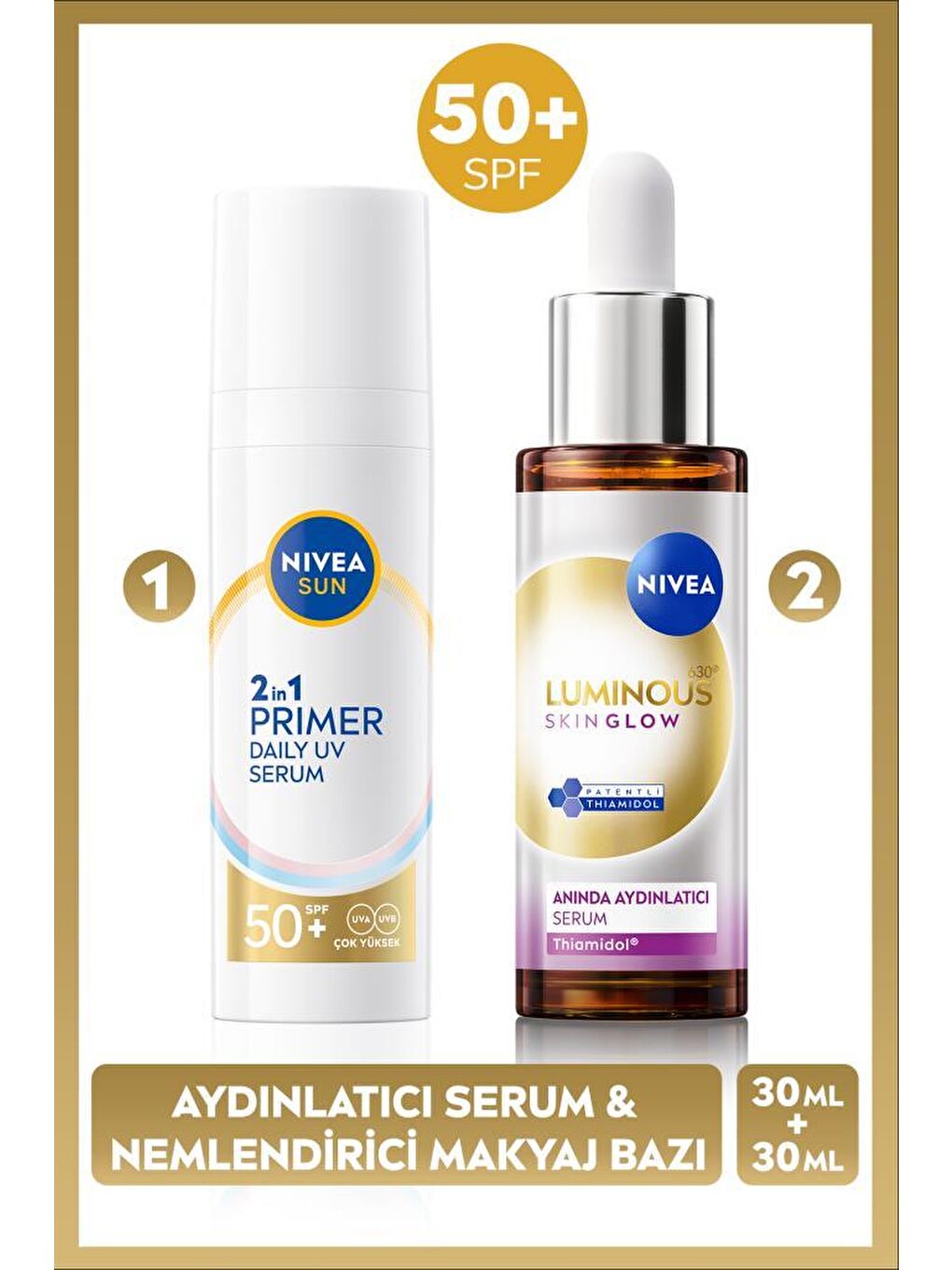 SUN SPF50 Primer Nemlendirici Makyaj Bazı 30ml ve Luminous630 Skin Glow Aydınlatıcı Cilt Serum 30ml