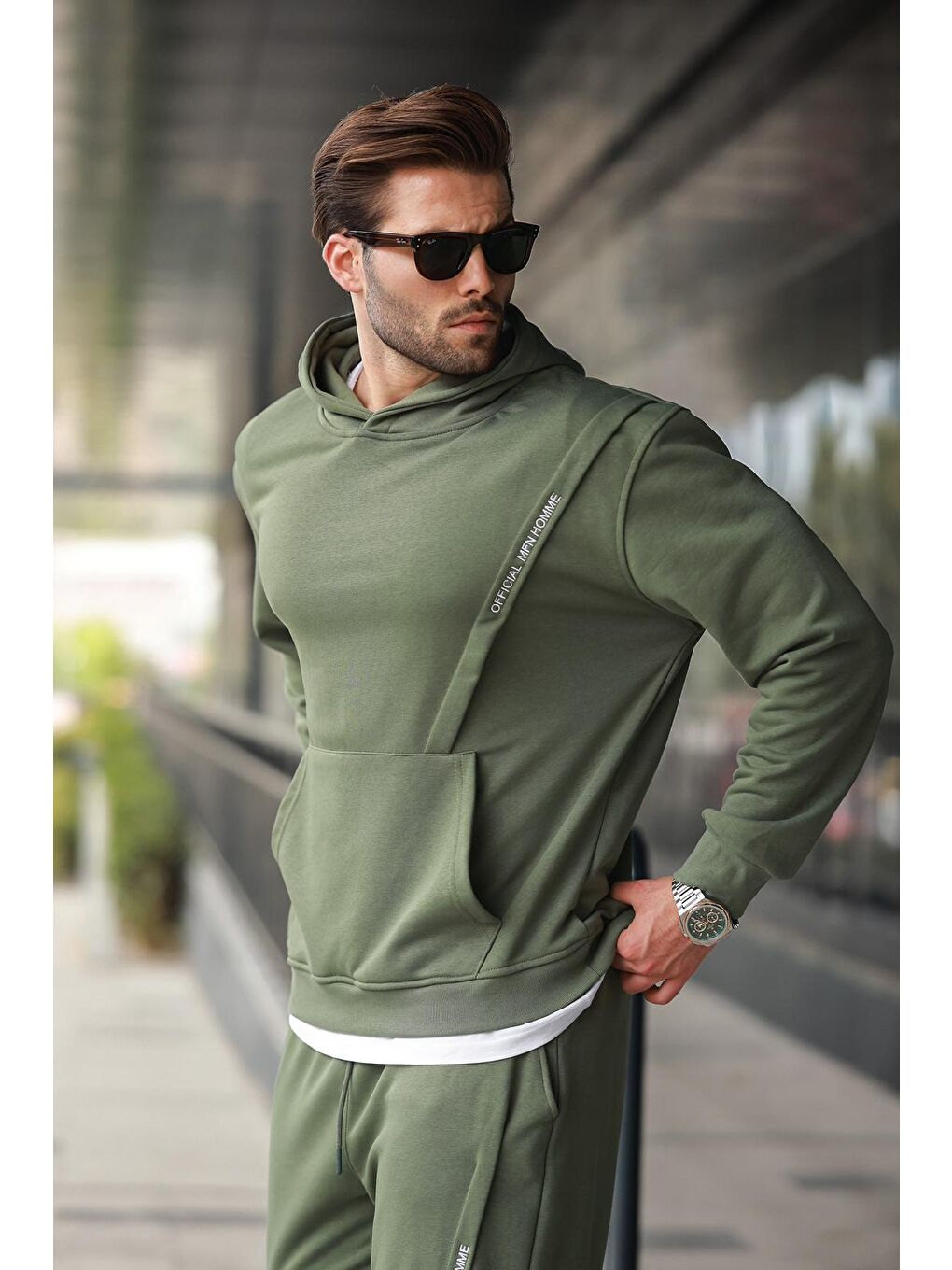 Haki Kapüşonlu Kanguru Cep Erkek Eşofman Takımı E7325-2