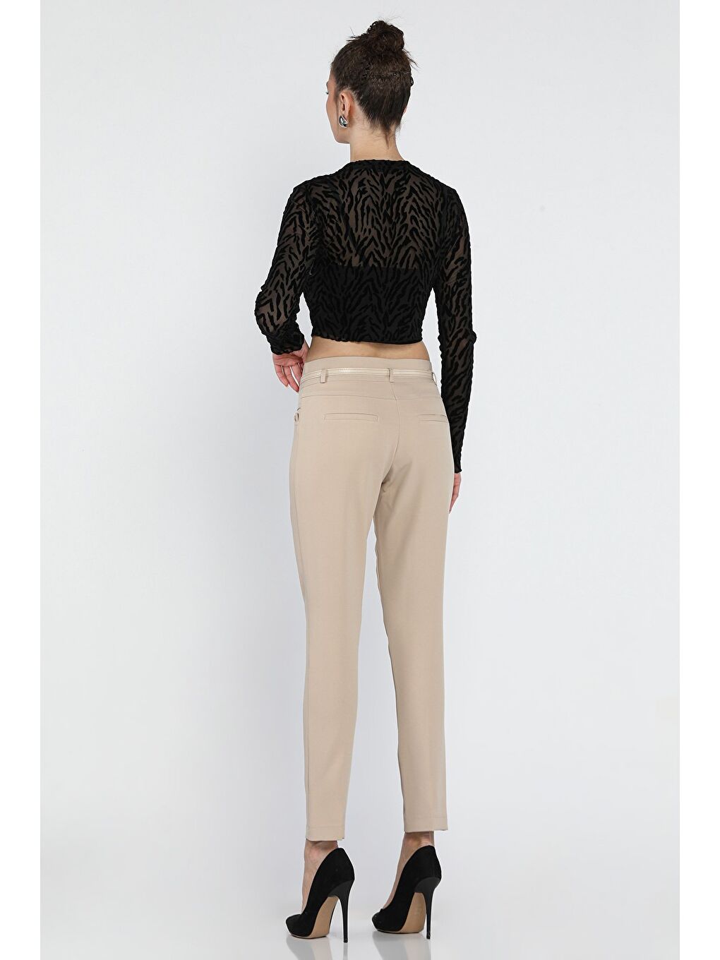 Bej Kadın Kemerli Kumaş Pantolon-2