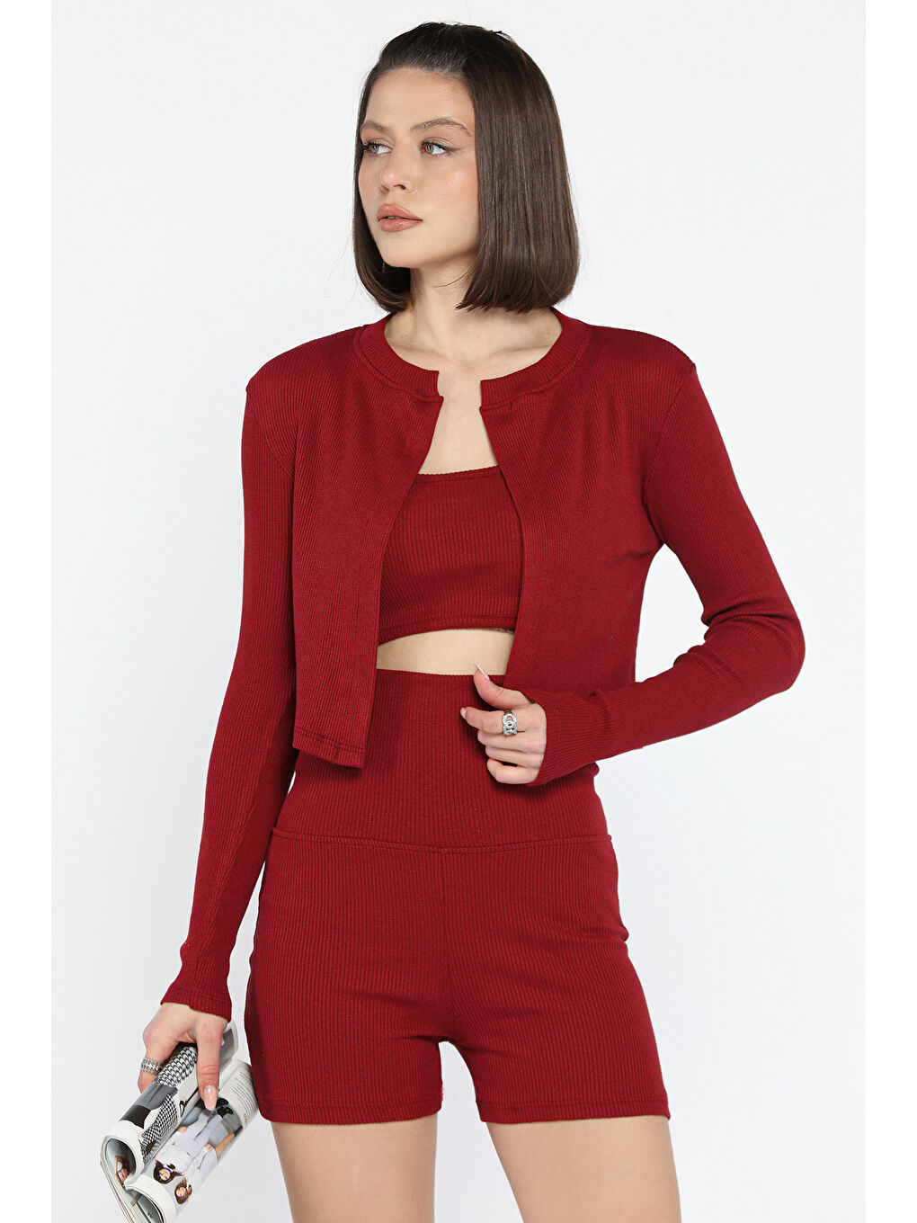 Bordo Kadın Kaşkorse Crop Hırka Şort Üçlü Takım