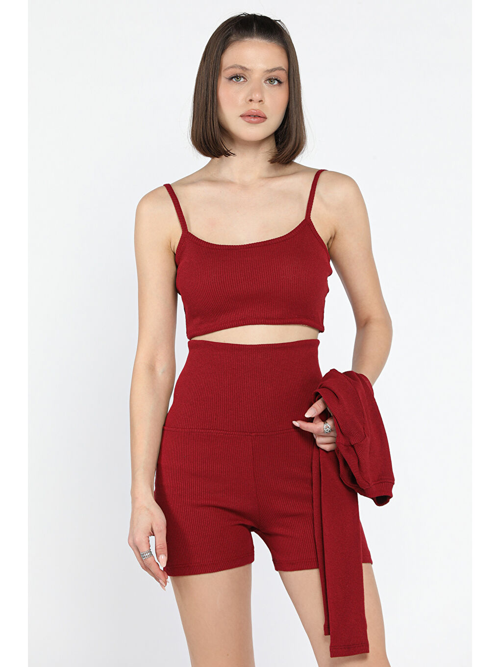 Bordo Kadın Kaşkorse Crop Hırka Şort Üçlü Takım-1