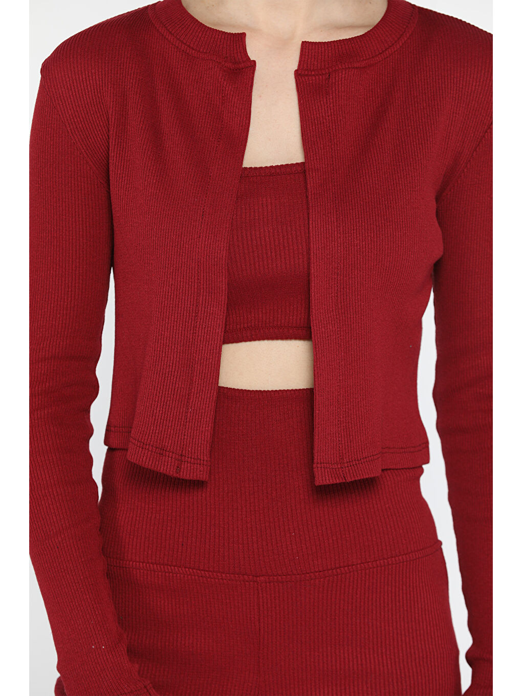 Bordo Kadın Kaşkorse Crop Hırka Şort Üçlü Takım-2