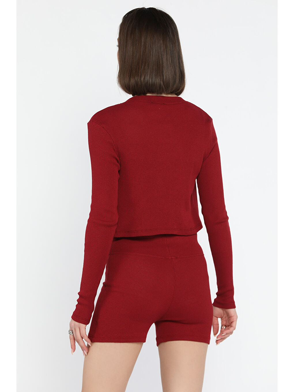 Bordo Kadın Kaşkorse Crop Hırka Şort Üçlü Takım-3