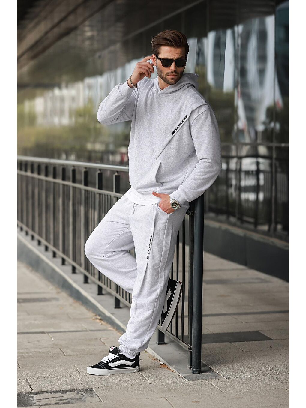 Beyaz Karmelanj Kapüşonlu Kanguru Cep Erkek Eşofman Takımı E7325-2