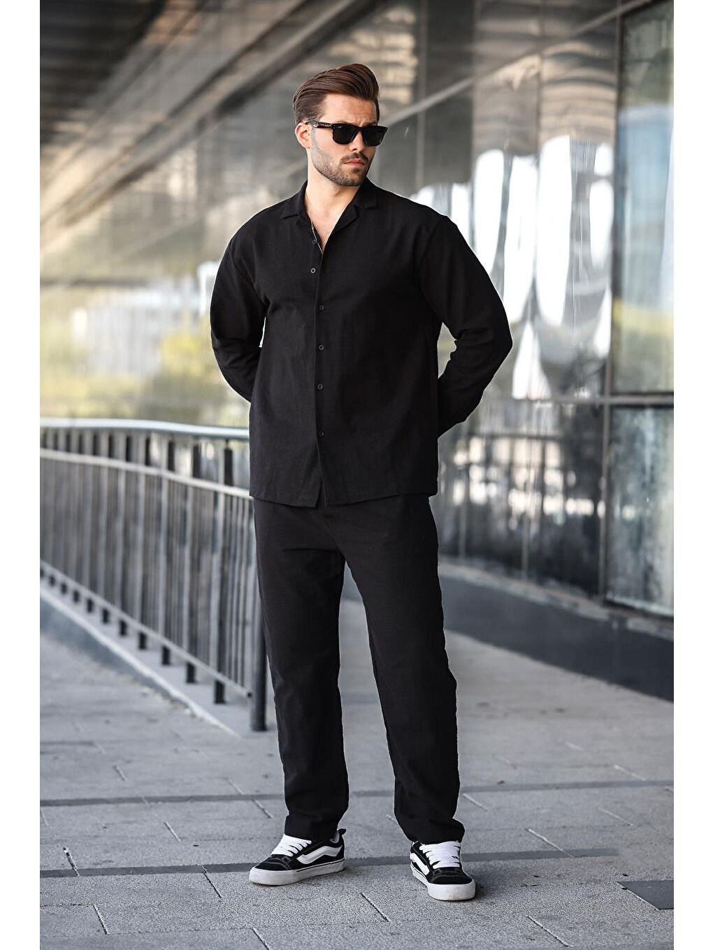 Siyah Rahat Kesim Erkek Keten Gömlek Pantolon %100 Pamuk Takım E7327-1