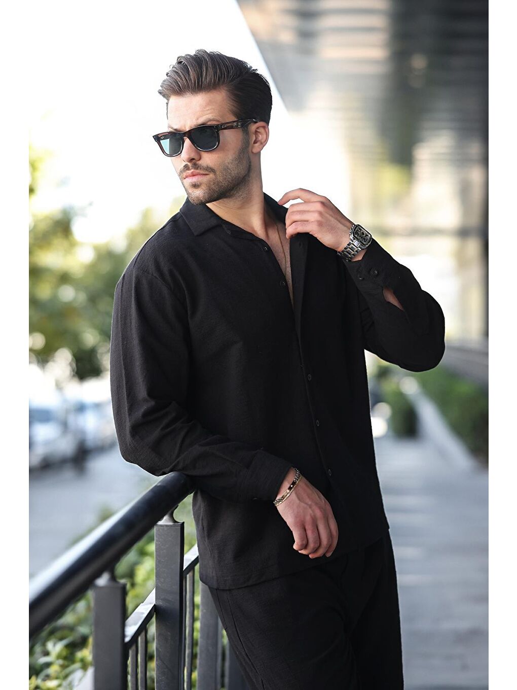 Siyah Rahat Kesim Erkek Keten Gömlek Pantolon %100 Pamuk Takım E7327-2