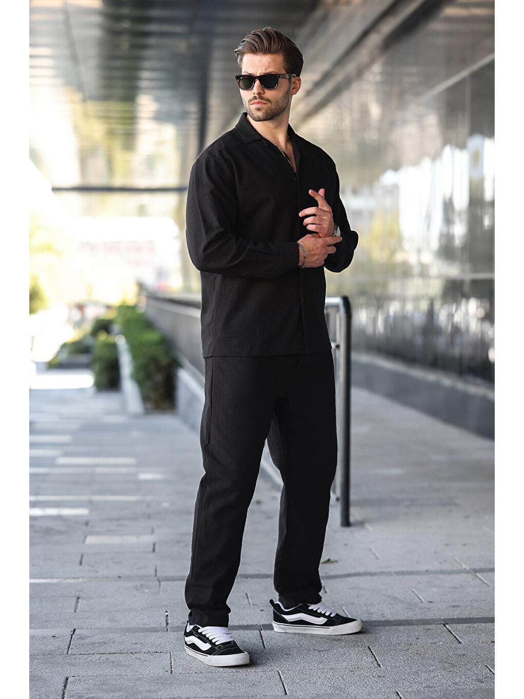 Siyah Rahat Kesim Erkek Keten Gömlek Pantolon %100 Pamuk Takım E7327-3