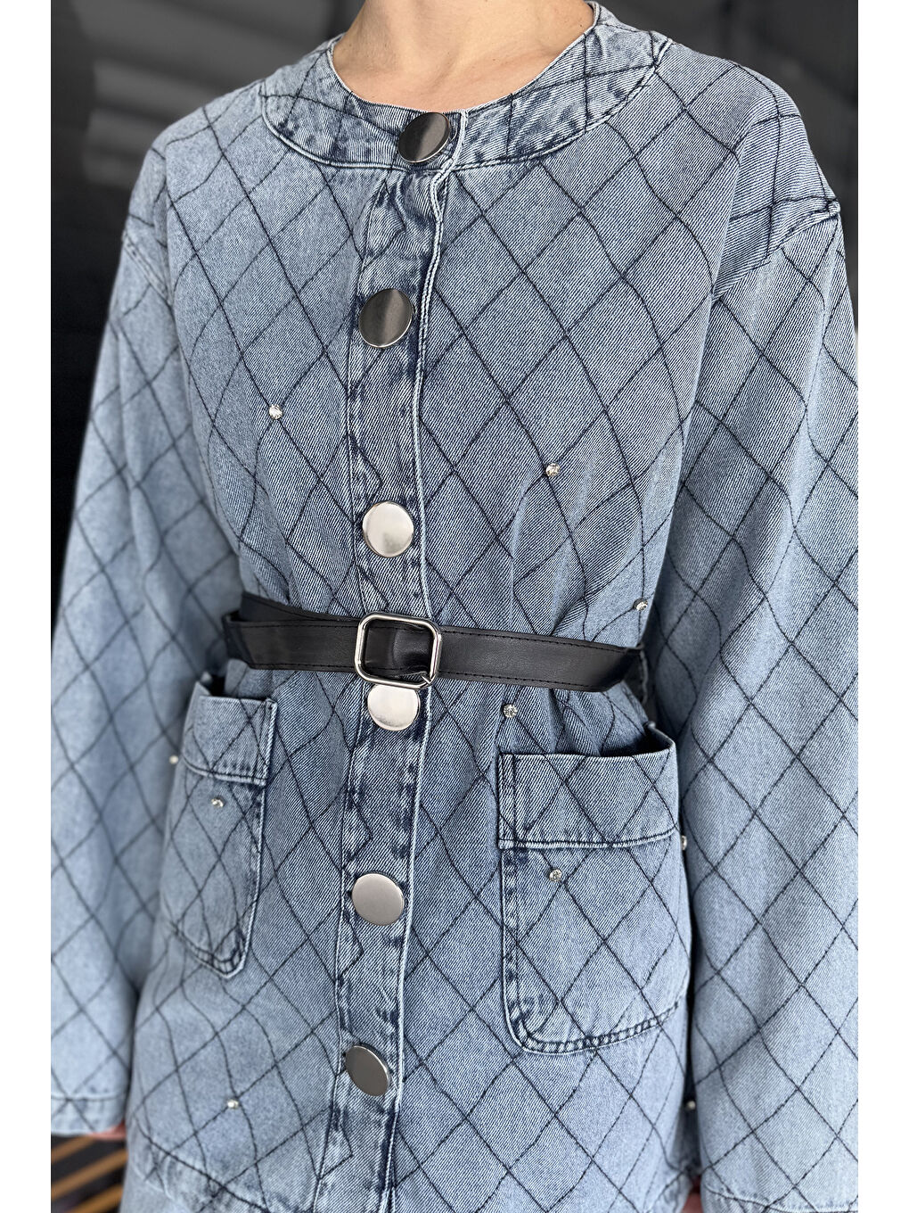 Mavi Çift Cepli Kemer Aksesuarlı Taşlı Kadın Jean Ceket-3