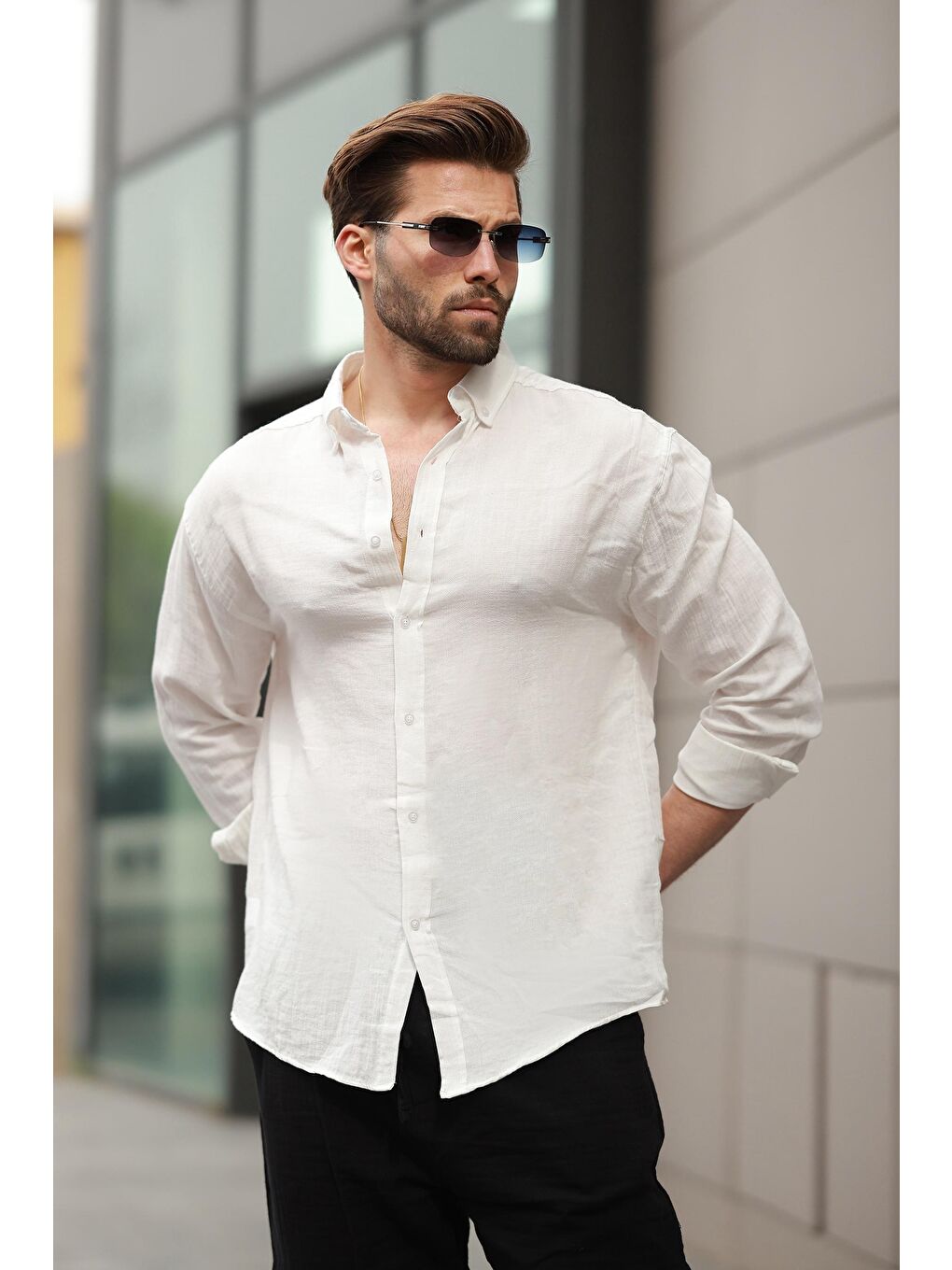 Beyaz Basic %100 Pamuklu Uzun Kollu Erkek Gömlek E6761-1